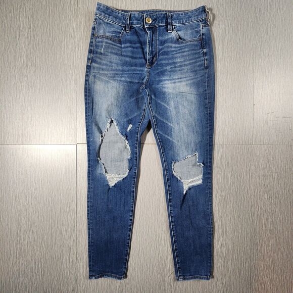 American Eagle 360 Next Level Stretch Hi Rise Jeans Distressed Women's 10 - Picture 1 of 13